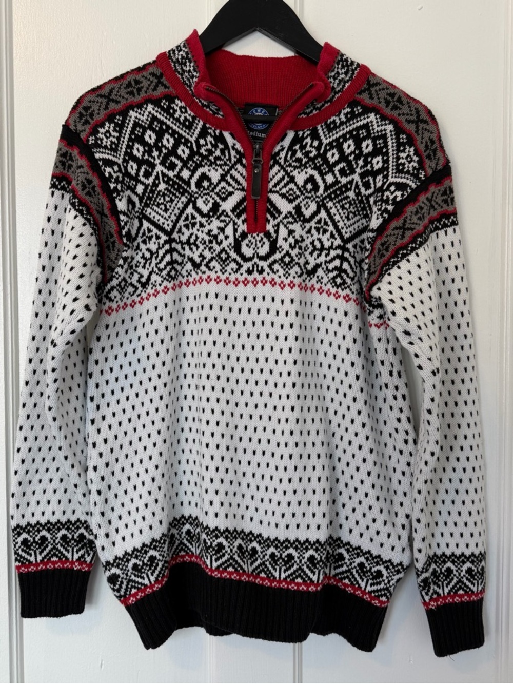 Men's Nordic Half-Zip Sweater in White, Black & Red